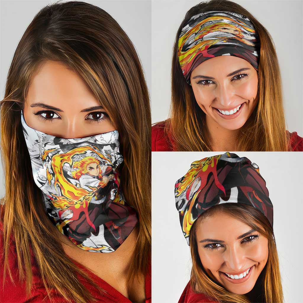 Kyojuro Rengoku Demon Slayer Flame Hashira Design Neck Gaiter with Manga Panels and Fiery Sword Artwork - The Mazicc