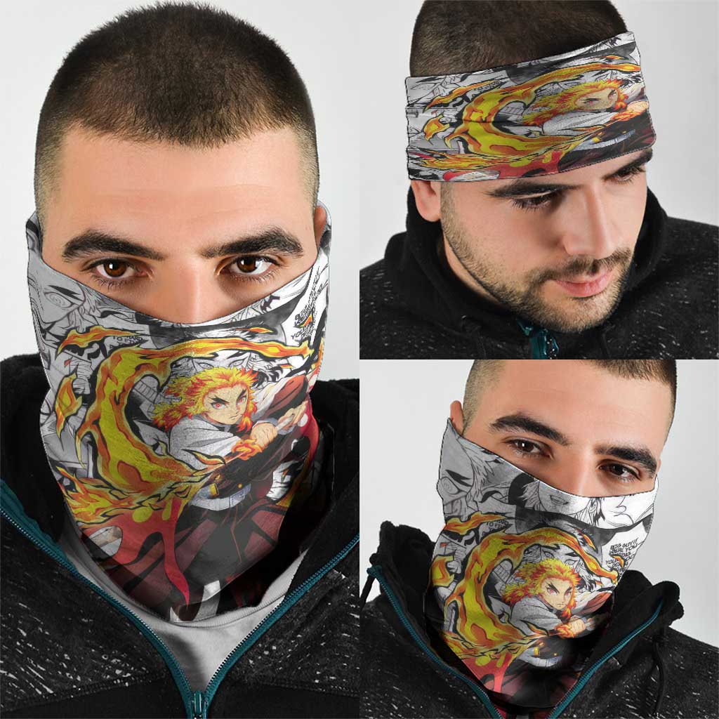 Kyojuro Rengoku Demon Slayer Flame Hashira Design Neck Gaiter with Manga Panels and Fiery Sword Artwork - The Mazicc