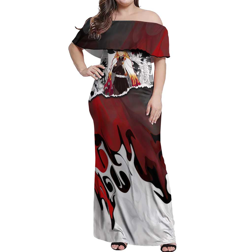 Kyojuro Rengoku Demon Slayer Flame Hashira Design Off Shoulder Maxi Dress with Manga Panels and Fiery Sword Artwork - The Mazicc