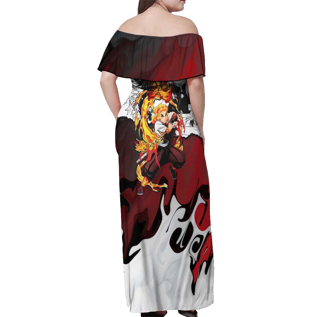 Kyojuro Rengoku Demon Slayer Flame Hashira Design Off Shoulder Maxi Dress with Manga Panels and Fiery Sword Artwork - The Mazicc
