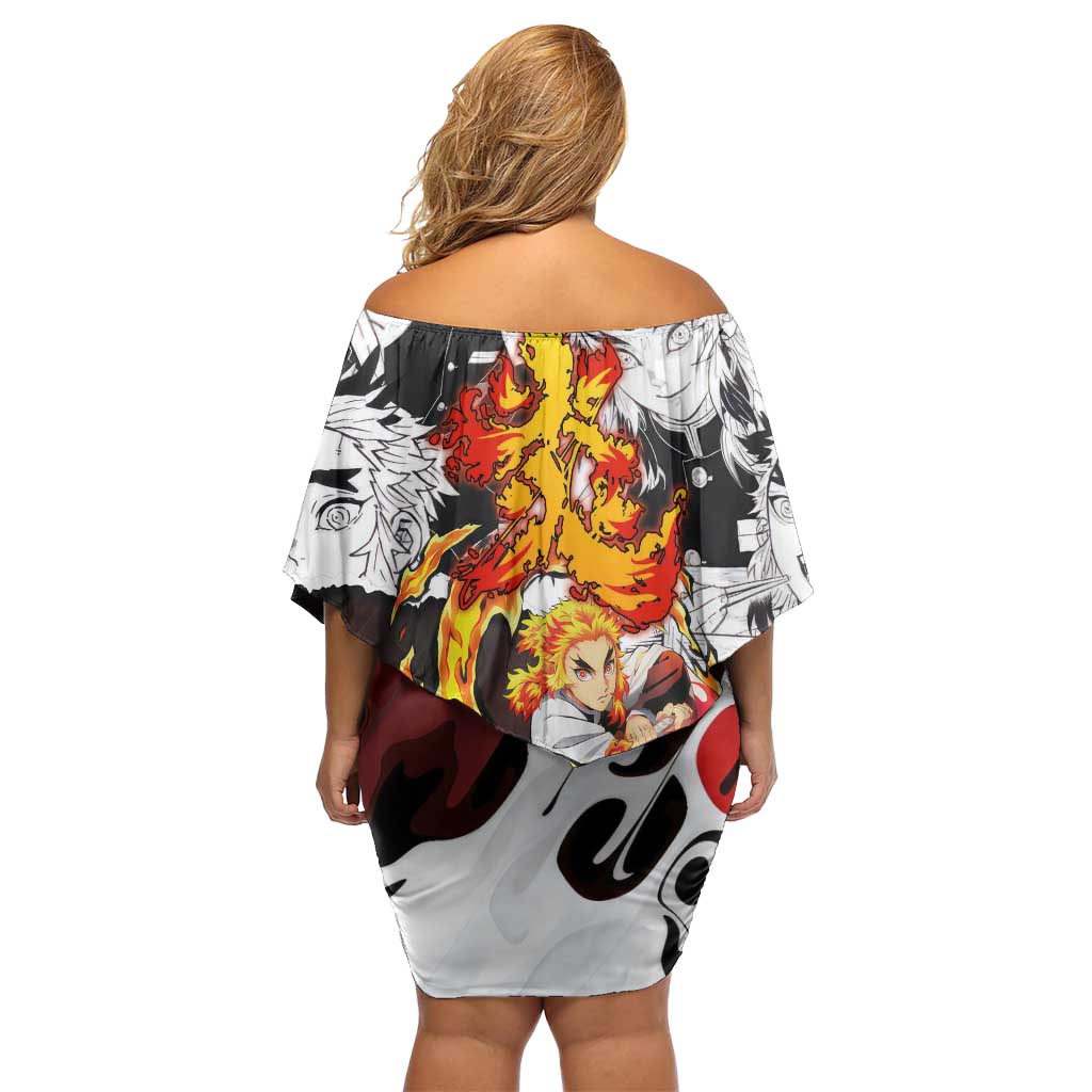 Kyojuro Rengoku Demon Slayer Flame Hashira Design Off Shoulder Short Dress with Manga Panels and Fiery Sword Artwork - The Mazicc