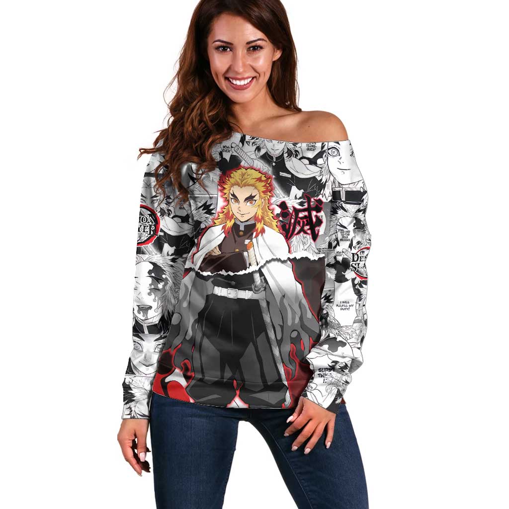 Kyojuro Rengoku Demon Slayer Flame Hashira Design Off Shoulder Sweater with Manga Panels and Fiery Sword Artwork - The Mazicc