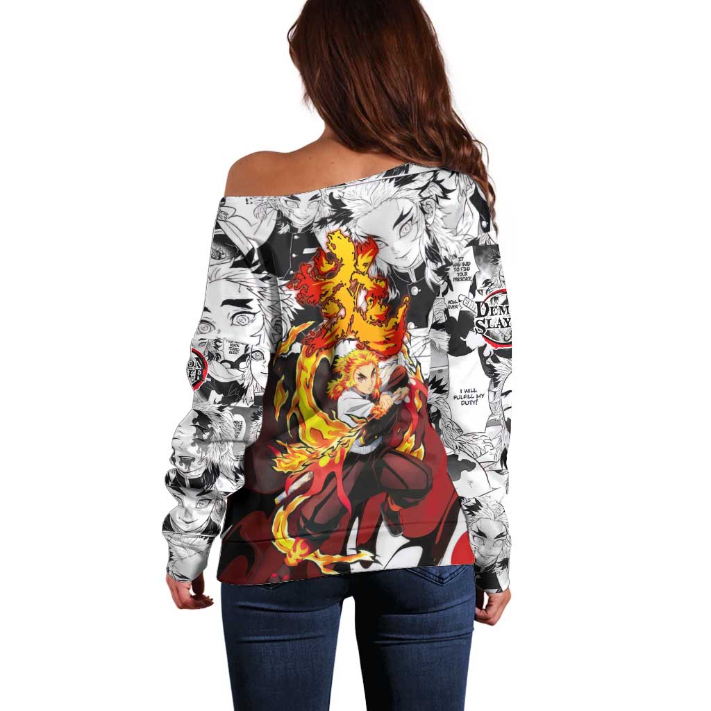 Kyojuro Rengoku Demon Slayer Flame Hashira Design Off Shoulder Sweater with Manga Panels and Fiery Sword Artwork - The Mazicc