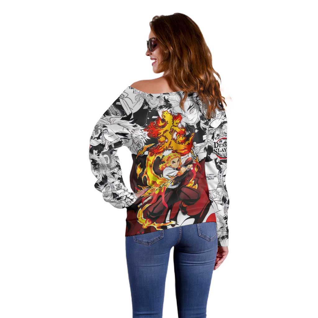 Kyojuro Rengoku Demon Slayer Flame Hashira Design Off Shoulder Sweater with Manga Panels and Fiery Sword Artwork - The Mazicc