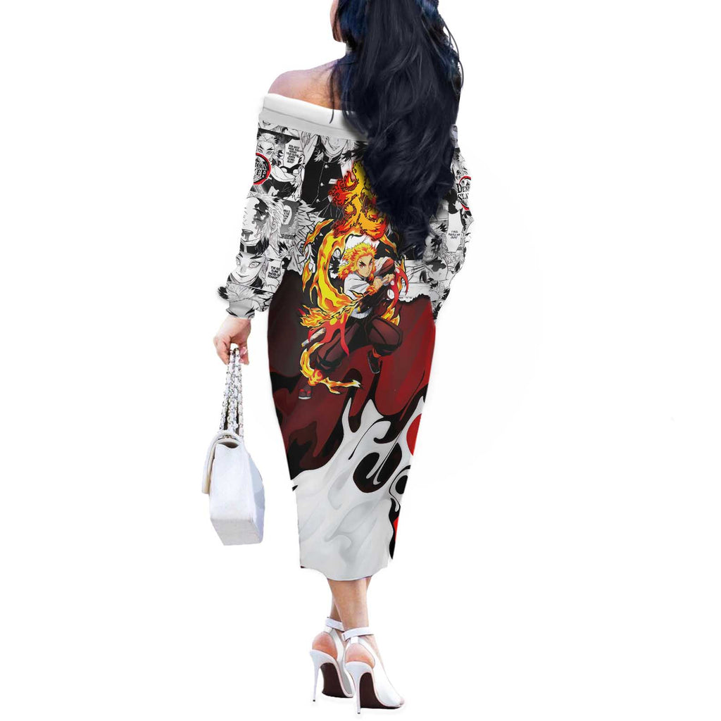 Kyojuro Rengoku Demon Slayer Flame Hashira Design Off The Shoulder Long Sleeve Dress with Manga Panels and Fiery Sword Artwork - The Mazicc
