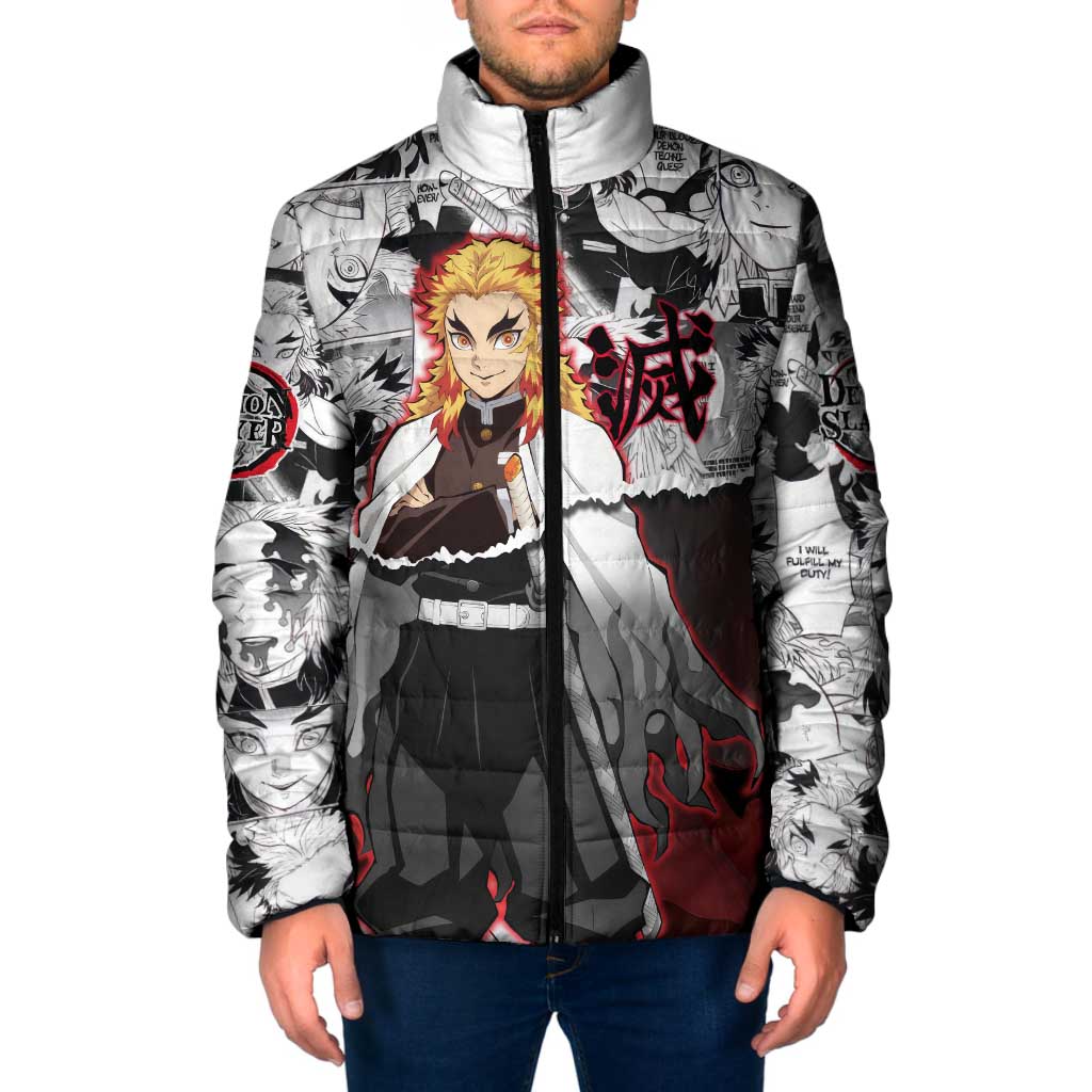 Kyojuro Rengoku Demon Slayer Flame Hashira Design Padded Jacket with Manga Panels and Fiery Sword Artwork - The Mazicc