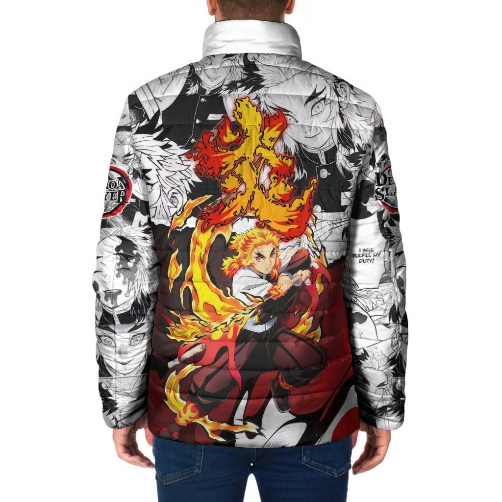 Kyojuro Rengoku Demon Slayer Flame Hashira Design Padded Jacket with Manga Panels and Fiery Sword Artwork - The Mazicc