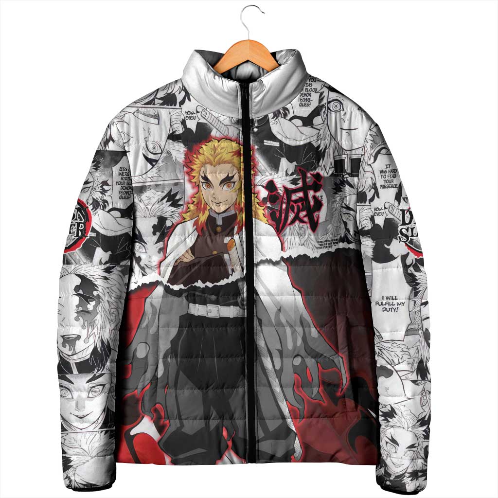 Kyojuro Rengoku Demon Slayer Flame Hashira Design Padded Jacket with Manga Panels and Fiery Sword Artwork - The Mazicc