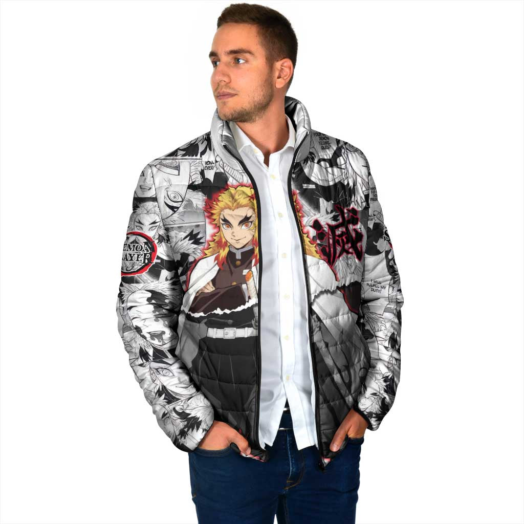 Kyojuro Rengoku Demon Slayer Flame Hashira Design Padded Jacket with Manga Panels and Fiery Sword Artwork - The Mazicc