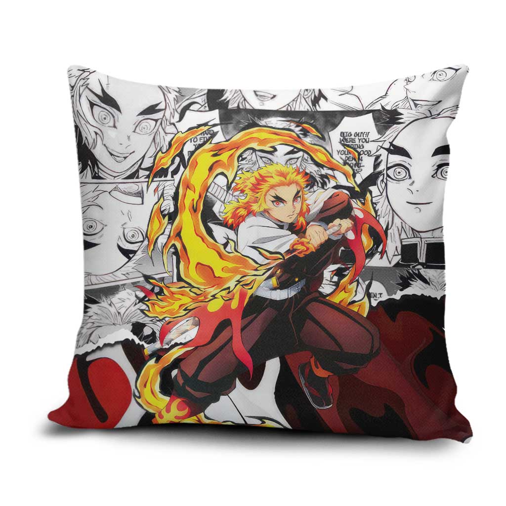 Kyojuro Rengoku Demon Slayer Flame Hashira Design Pillow Cover with Manga Panels and Fiery Sword Artwork - The Mazicc