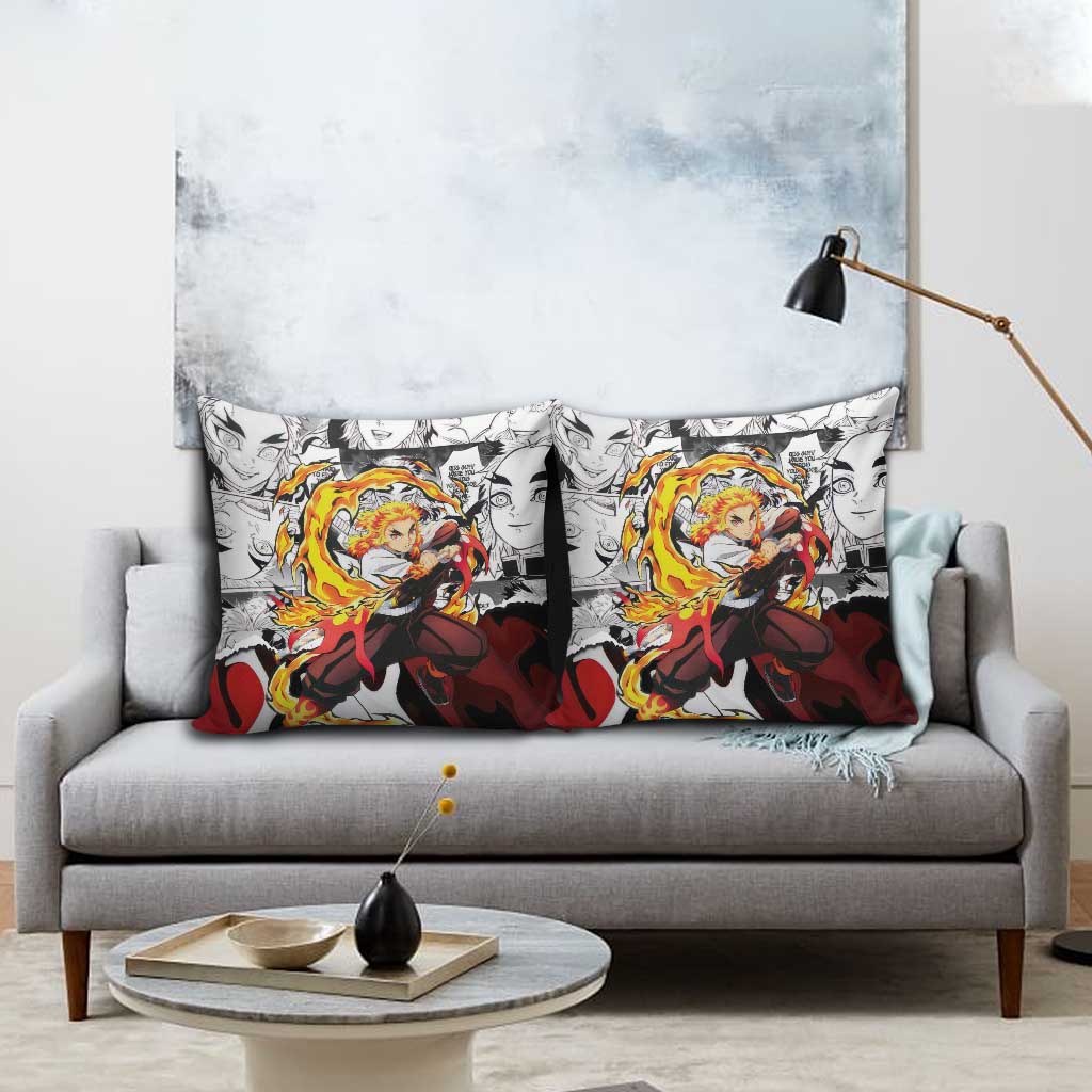 Kyojuro Rengoku Demon Slayer Flame Hashira Design Pillow Cover with Manga Panels and Fiery Sword Artwork - The Mazicc