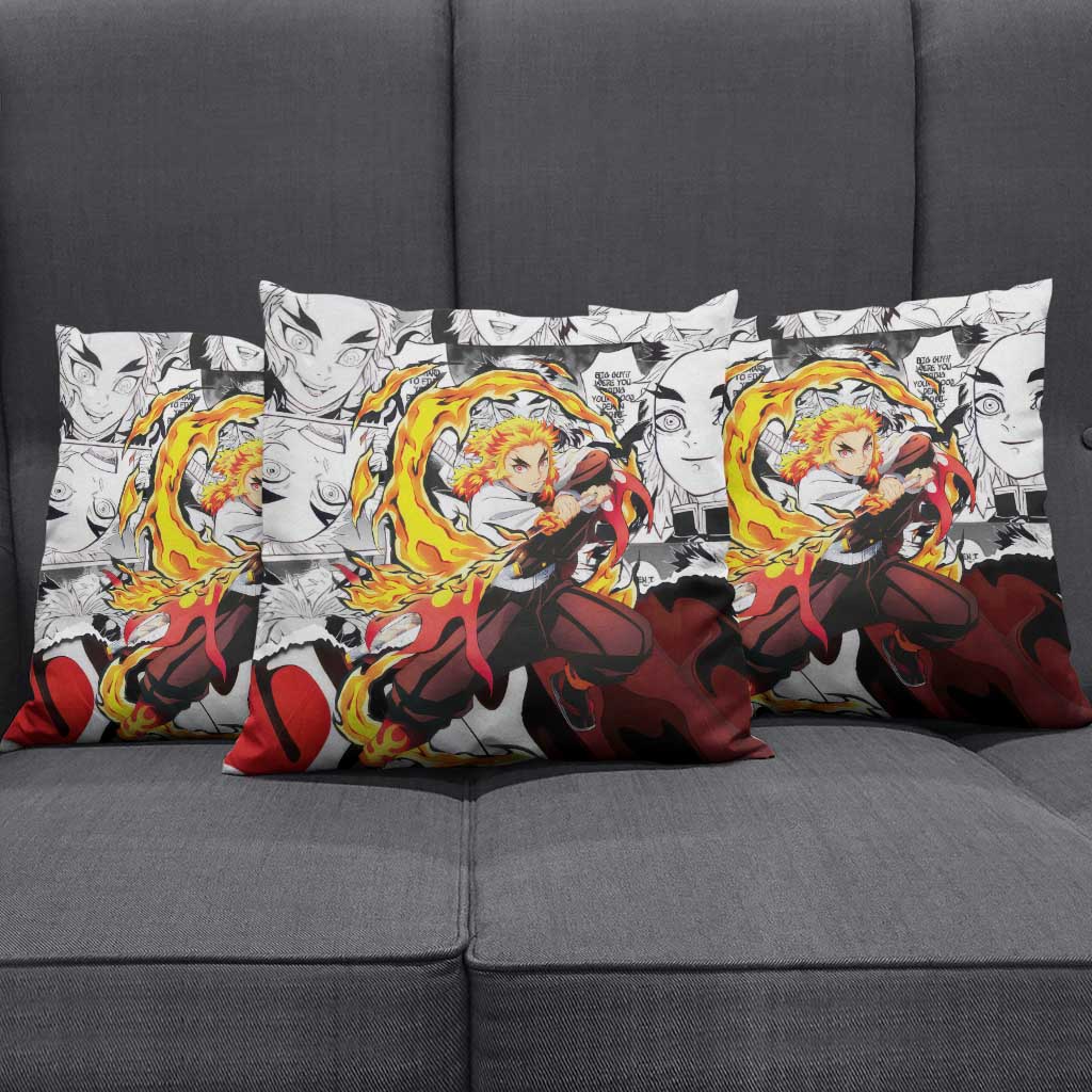 Kyojuro Rengoku Demon Slayer Flame Hashira Design Pillow Cover with Manga Panels and Fiery Sword Artwork - The Mazicc