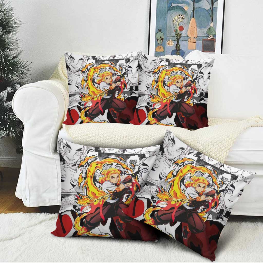 Kyojuro Rengoku Demon Slayer Flame Hashira Design Pillow Cover with Manga Panels and Fiery Sword Artwork - The Mazicc