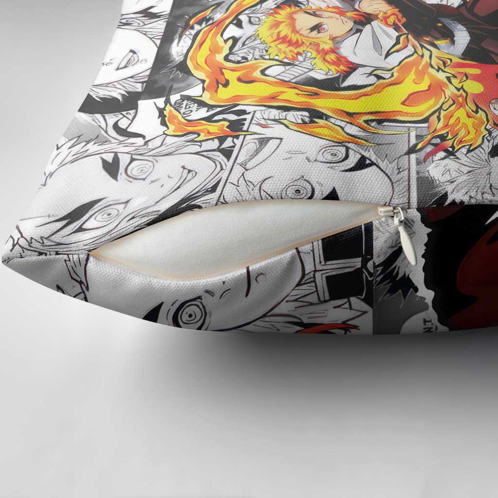 Kyojuro Rengoku Demon Slayer Flame Hashira Design Pillow Cover with Manga Panels and Fiery Sword Artwork - The Mazicc