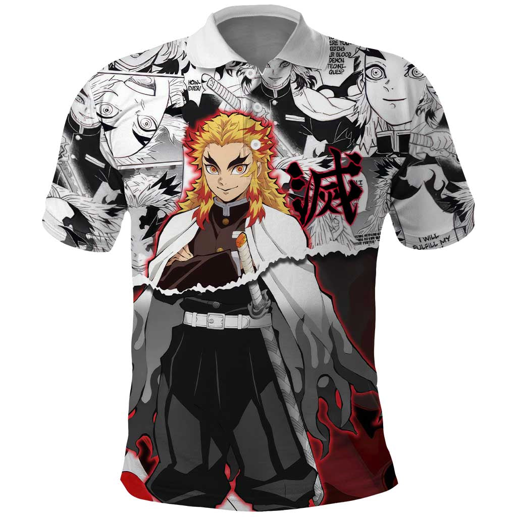 Kyojuro Rengoku Demon Slayer Flame Hashira Design Polo Shirt with Manga Panels and Fiery Sword Artwork - The Mazicc