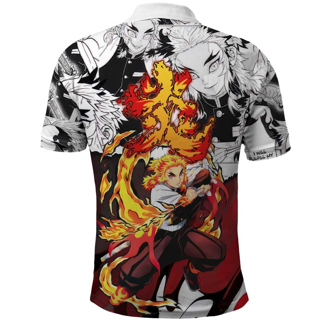 Kyojuro Rengoku Demon Slayer Flame Hashira Design Polo Shirt with Manga Panels and Fiery Sword Artwork - The Mazicc