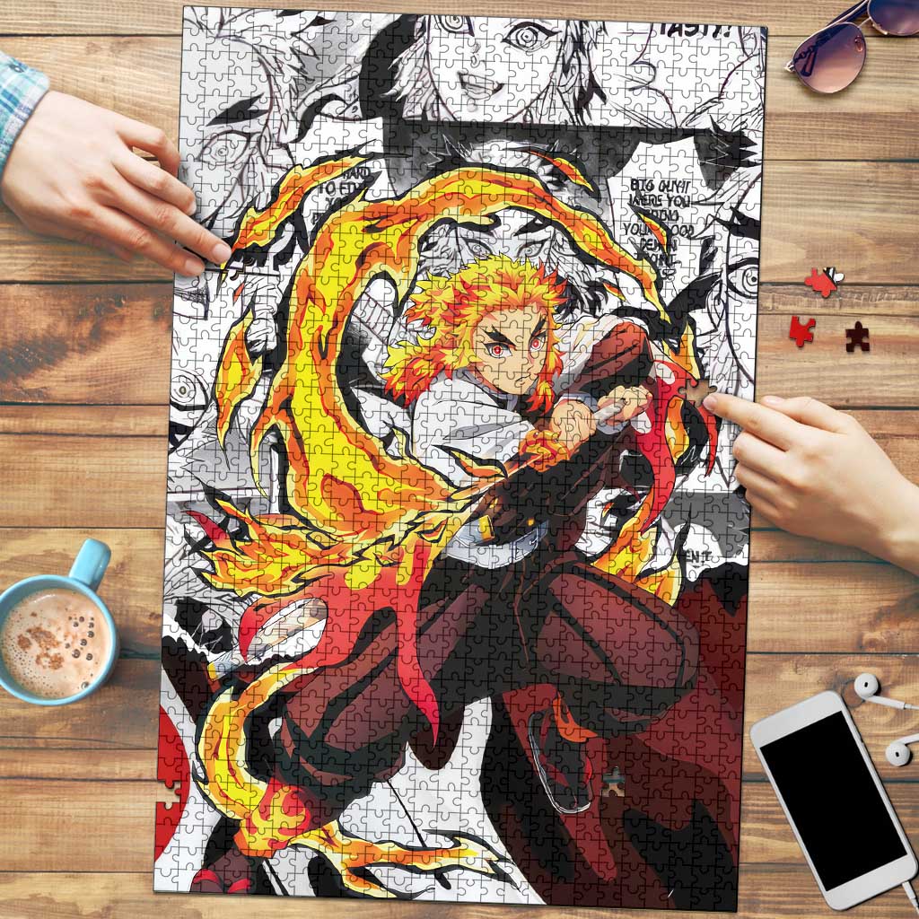 Kyojuro Rengoku Demon Slayer Flame Hashira Design Puzzle with Manga Panels and Fiery Sword Artwork - The Mazicc