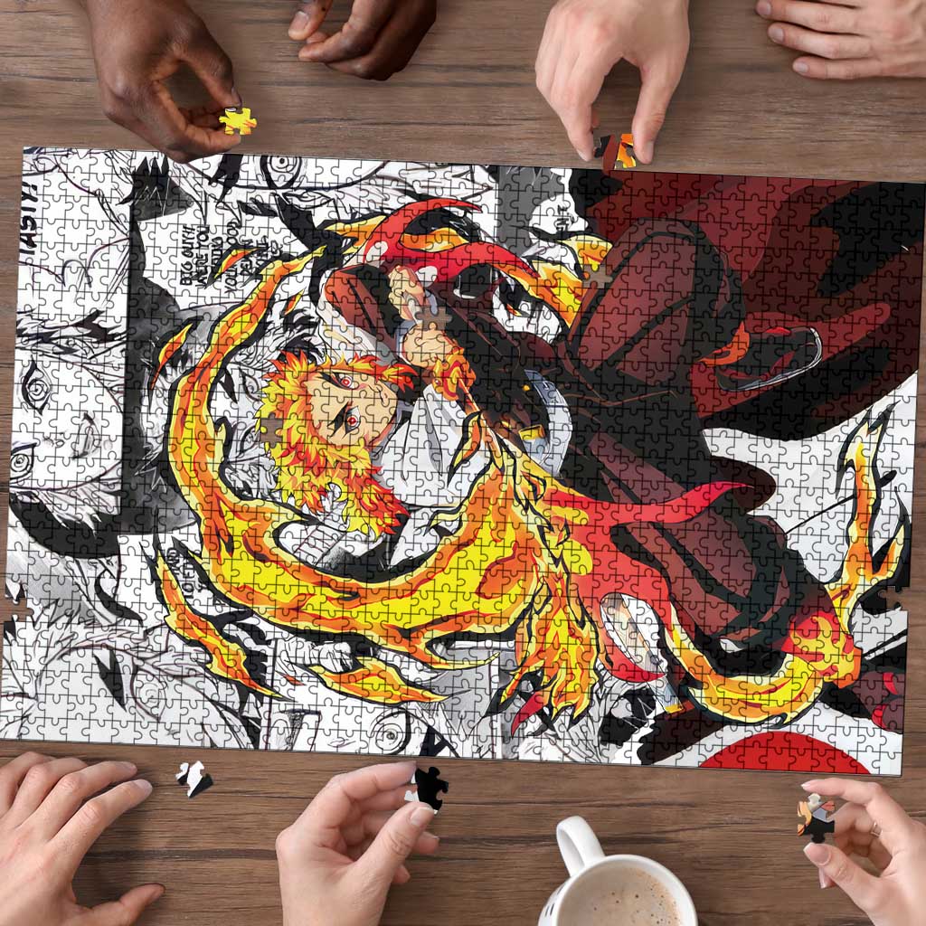 Kyojuro Rengoku Demon Slayer Flame Hashira Design Puzzle with Manga Panels and Fiery Sword Artwork - The Mazicc