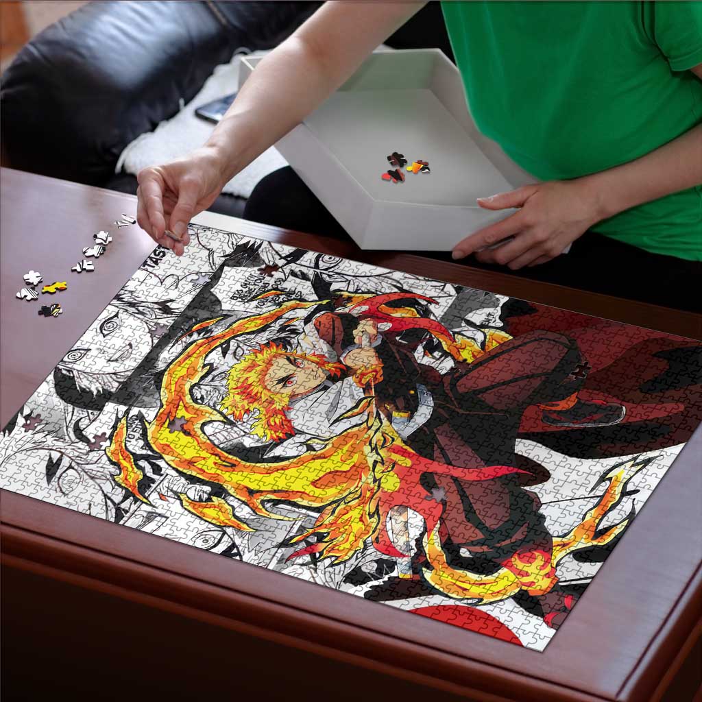 Kyojuro Rengoku Demon Slayer Flame Hashira Design Puzzle with Manga Panels and Fiery Sword Artwork - The Mazicc
