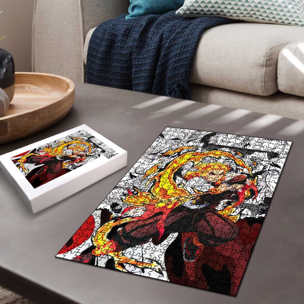 Kyojuro Rengoku Demon Slayer Flame Hashira Design Puzzle with Manga Panels and Fiery Sword Artwork - The Mazicc