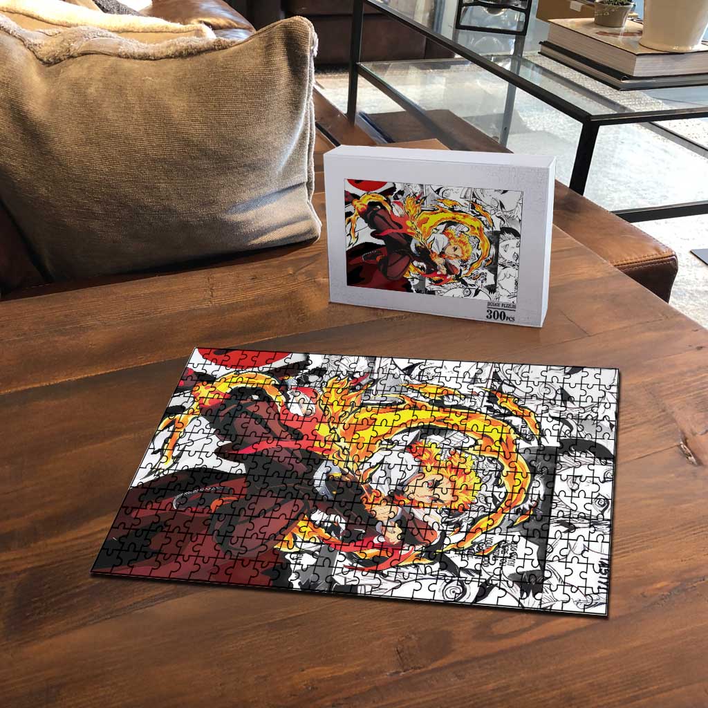 Kyojuro Rengoku Demon Slayer Flame Hashira Design Puzzle with Manga Panels and Fiery Sword Artwork - The Mazicc