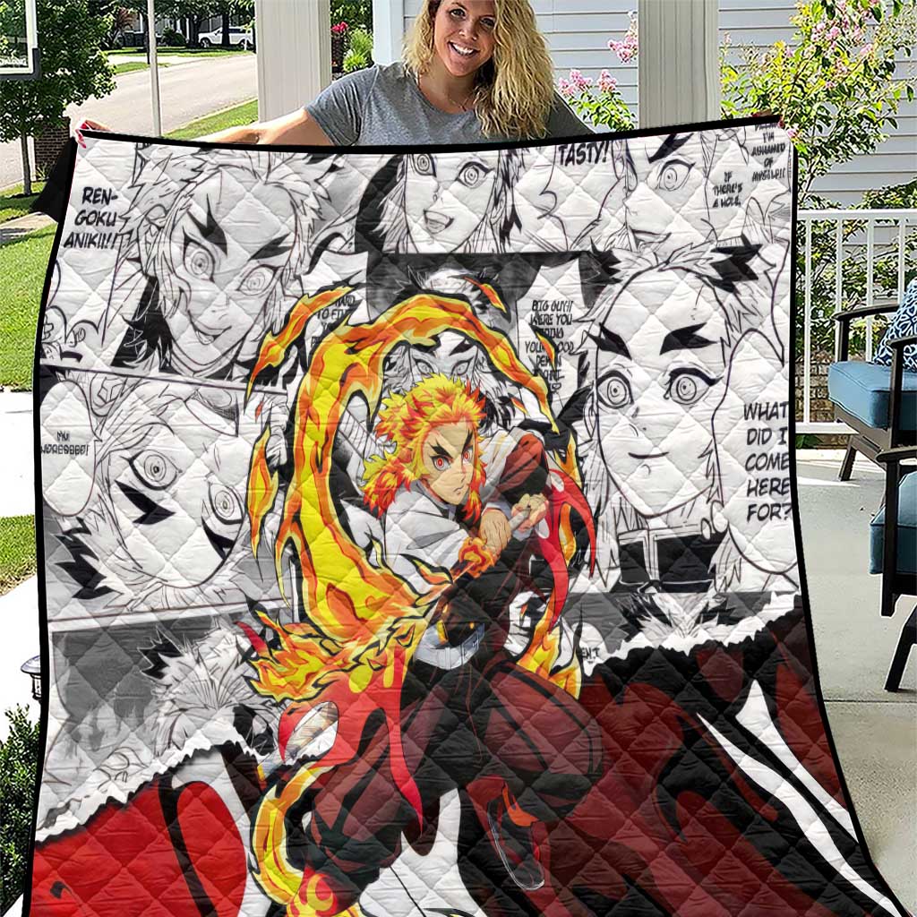 Kyojuro Rengoku Demon Slayer Flame Hashira Design Quilt with Manga Panels and Fiery Sword Artwork - The Mazicc