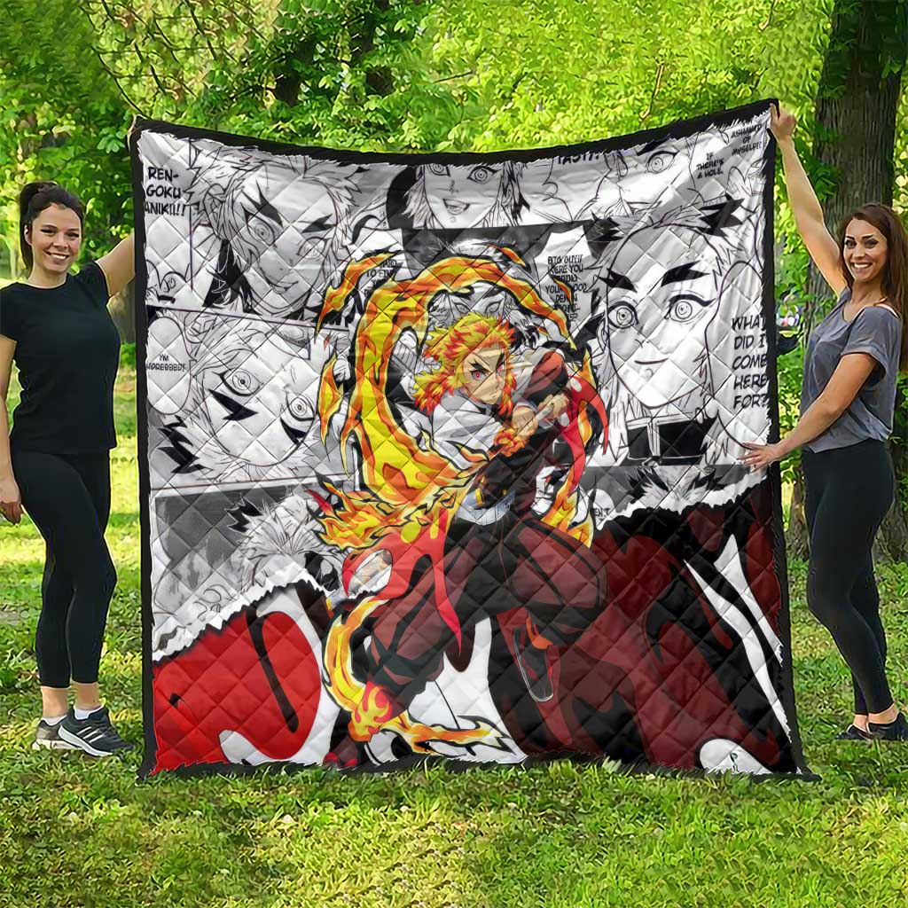 Kyojuro Rengoku Demon Slayer Flame Hashira Design Quilt with Manga Panels and Fiery Sword Artwork - The Mazicc