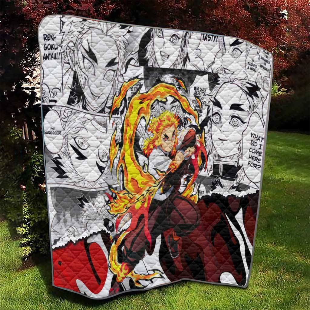 Kyojuro Rengoku Demon Slayer Flame Hashira Design Quilt with Manga Panels and Fiery Sword Artwork - The Mazicc