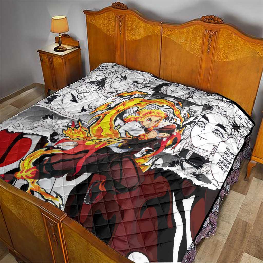 Kyojuro Rengoku Demon Slayer Flame Hashira Design Quilt with Manga Panels and Fiery Sword Artwork - The Mazicc