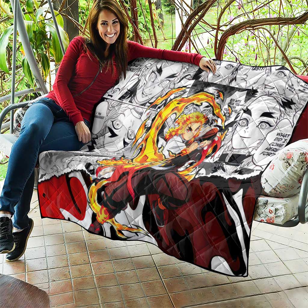 Kyojuro Rengoku Demon Slayer Flame Hashira Design Quilt with Manga Panels and Fiery Sword Artwork - The Mazicc