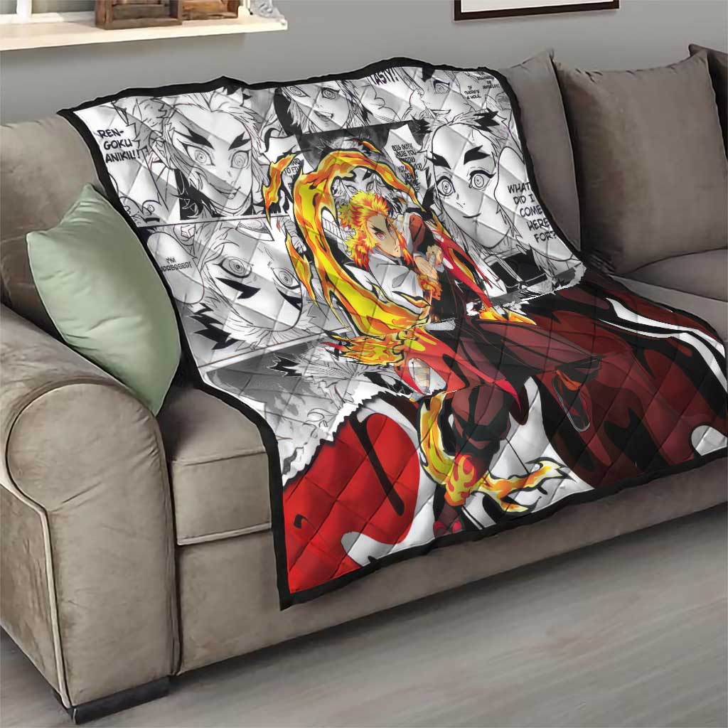 Kyojuro Rengoku Demon Slayer Flame Hashira Design Quilt with Manga Panels and Fiery Sword Artwork - The Mazicc