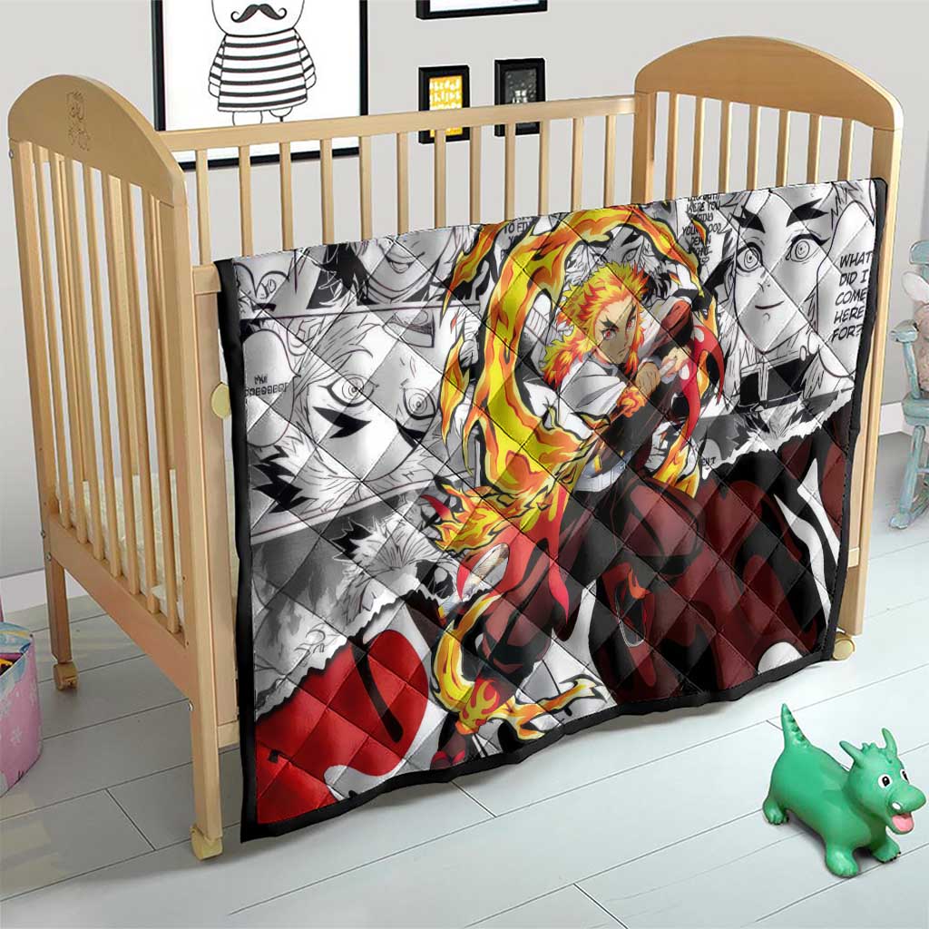 Kyojuro Rengoku Demon Slayer Flame Hashira Design Quilt with Manga Panels and Fiery Sword Artwork - The Mazicc