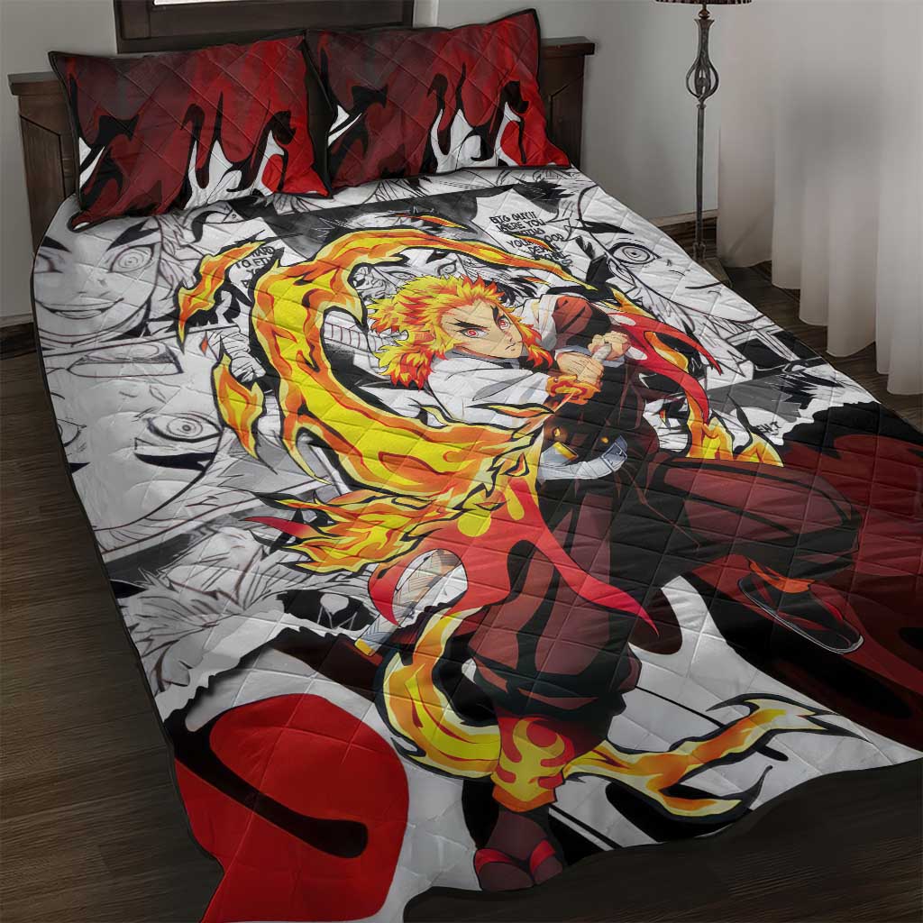 Kyojuro Rengoku Demon Slayer Flame Hashira Design Quilt Bed Set with Manga Panels and Fiery Sword Artwork - The Mazicc