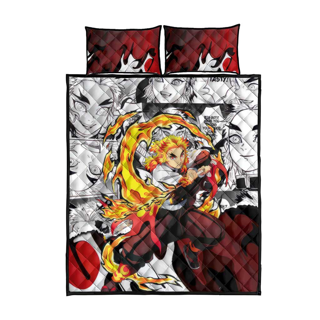 Kyojuro Rengoku Demon Slayer Flame Hashira Design Quilt Bed Set with Manga Panels and Fiery Sword Artwork - The Mazicc
