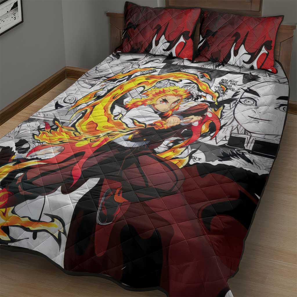 Kyojuro Rengoku Demon Slayer Flame Hashira Design Quilt Bed Set with Manga Panels and Fiery Sword Artwork - The Mazicc