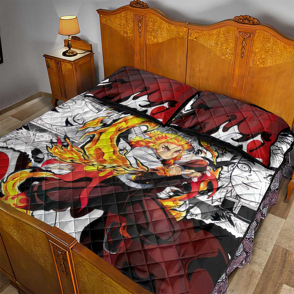Kyojuro Rengoku Demon Slayer Flame Hashira Design Quilt Bed Set with Manga Panels and Fiery Sword Artwork - The Mazicc