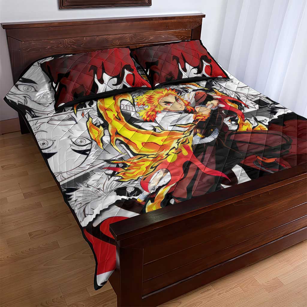 Kyojuro Rengoku Demon Slayer Flame Hashira Design Quilt Bed Set with Manga Panels and Fiery Sword Artwork - The Mazicc