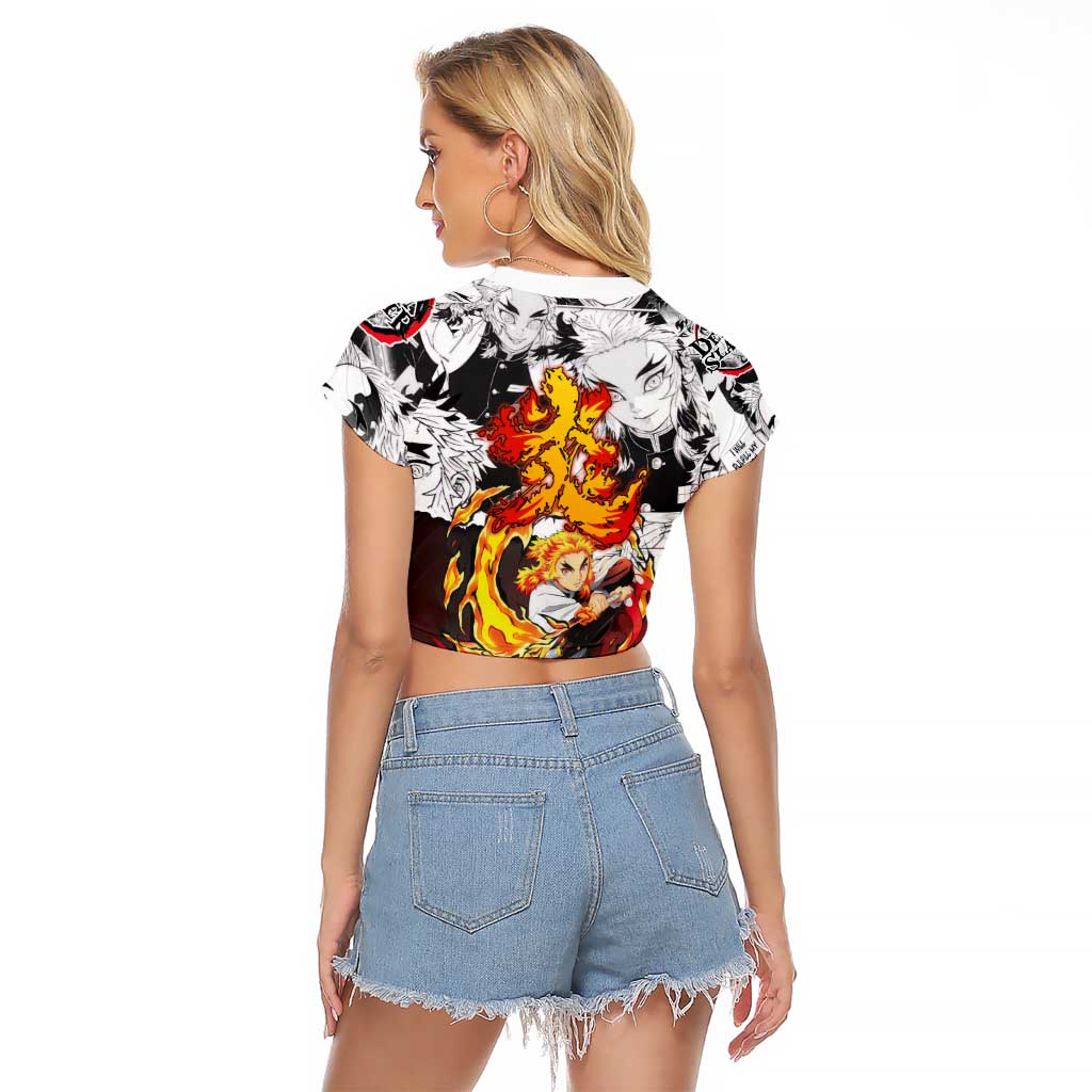 Kyojuro Rengoku Demon Slayer Flame Hashira Design Raglan Cropped T Shirt with Manga Panels and Fiery Sword Artwork - The Mazicc