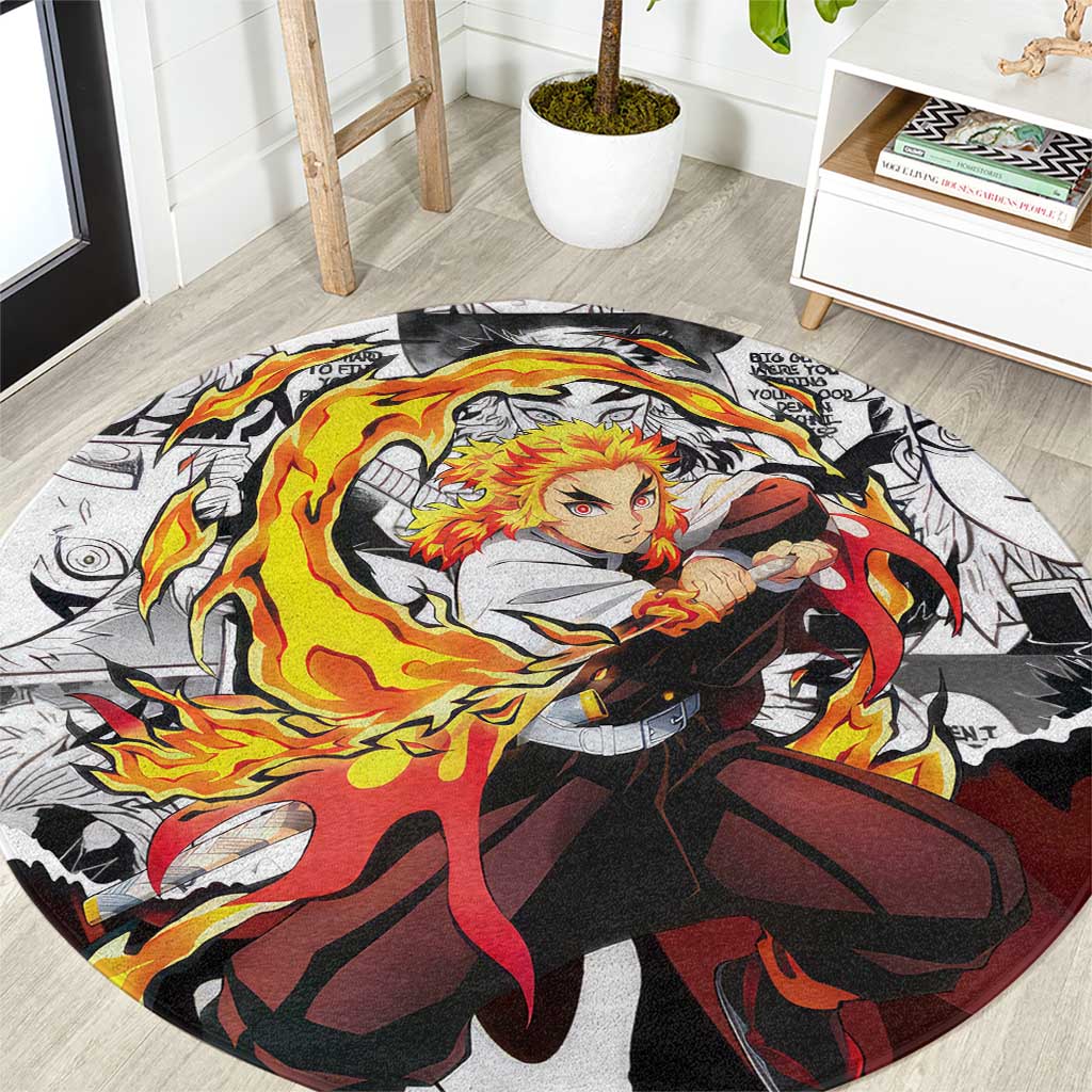 Kyojuro Rengoku Demon Slayer Flame Hashira Design Round Carpet with Manga Panels and Fiery Sword Artwork - The Mazicc