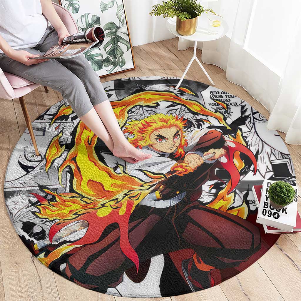 Kyojuro Rengoku Demon Slayer Flame Hashira Design Round Carpet with Manga Panels and Fiery Sword Artwork - The Mazicc