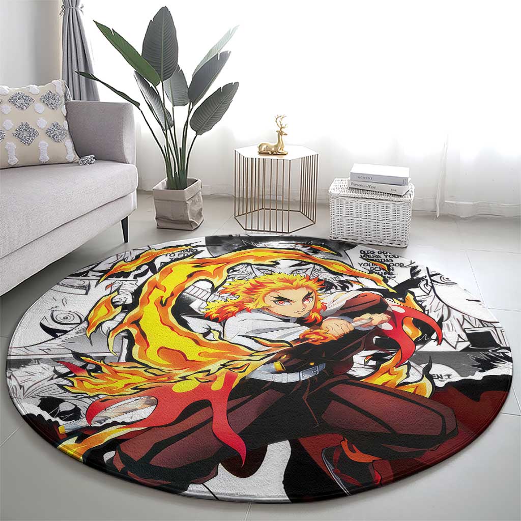Kyojuro Rengoku Demon Slayer Flame Hashira Design Round Carpet with Manga Panels and Fiery Sword Artwork - The Mazicc