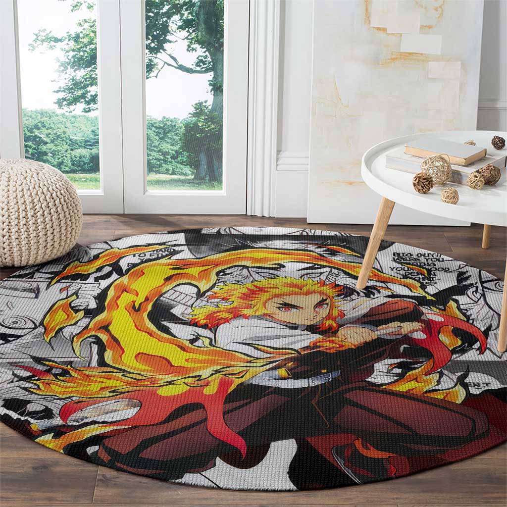 Kyojuro Rengoku Demon Slayer Flame Hashira Design Round Carpet with Manga Panels and Fiery Sword Artwork - The Mazicc