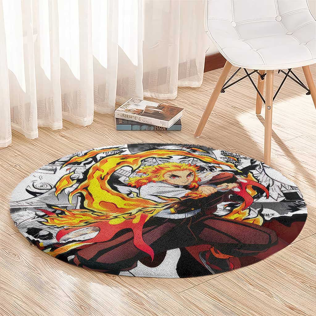 Kyojuro Rengoku Demon Slayer Flame Hashira Design Round Carpet with Manga Panels and Fiery Sword Artwork - The Mazicc