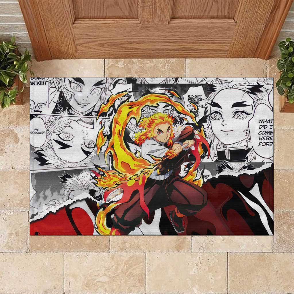 Kyojuro Rengoku Demon Slayer Flame Hashira Design Rubber Doormat with Manga Panels and Fiery Sword Artwork - The Mazicc