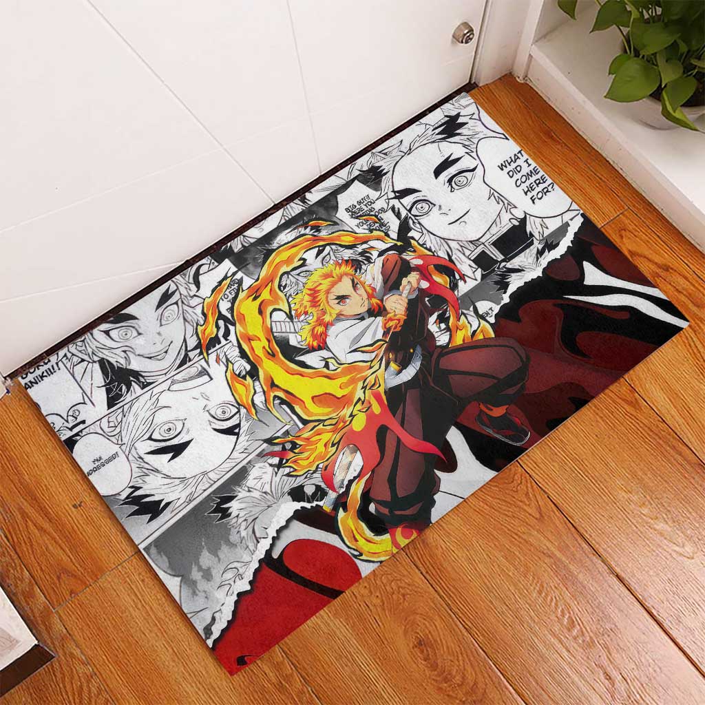 Kyojuro Rengoku Demon Slayer Flame Hashira Design Rubber Doormat with Manga Panels and Fiery Sword Artwork - The Mazicc
