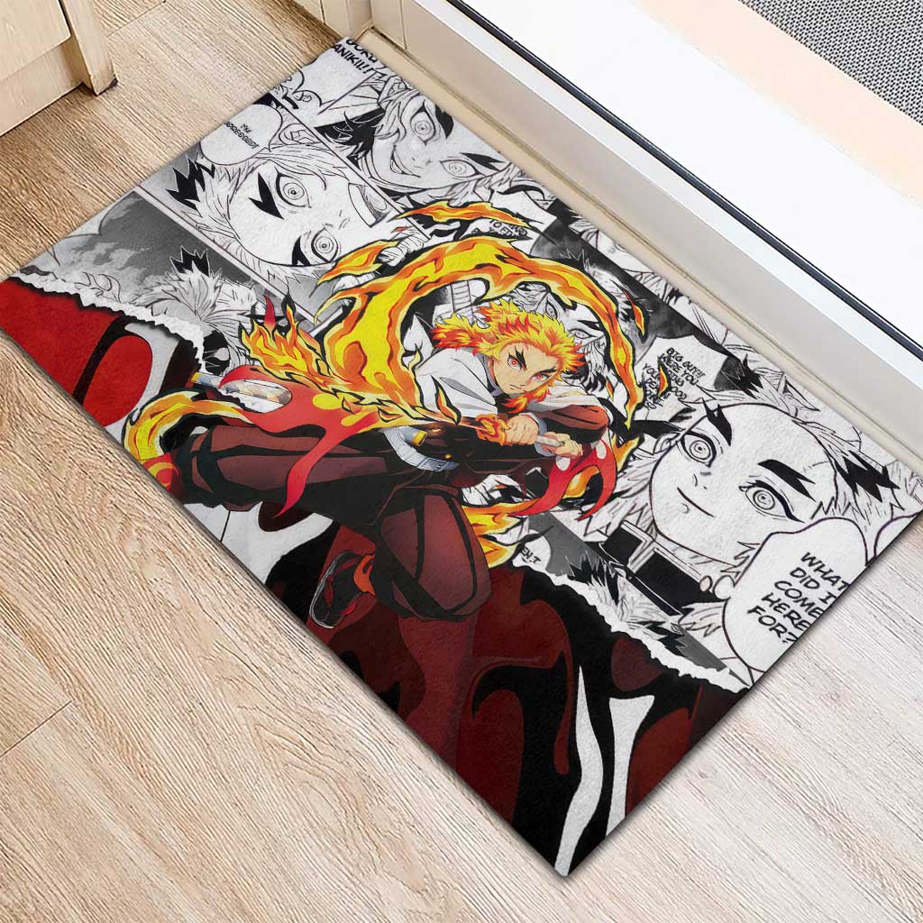 Kyojuro Rengoku Demon Slayer Flame Hashira Design Rubber Doormat with Manga Panels and Fiery Sword Artwork - The Mazicc
