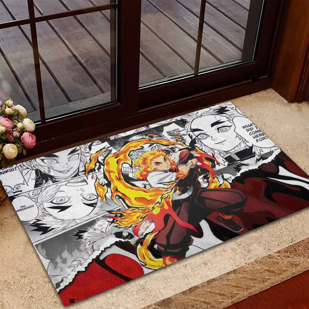 Kyojuro Rengoku Demon Slayer Flame Hashira Design Rubber Doormat with Manga Panels and Fiery Sword Artwork - The Mazicc