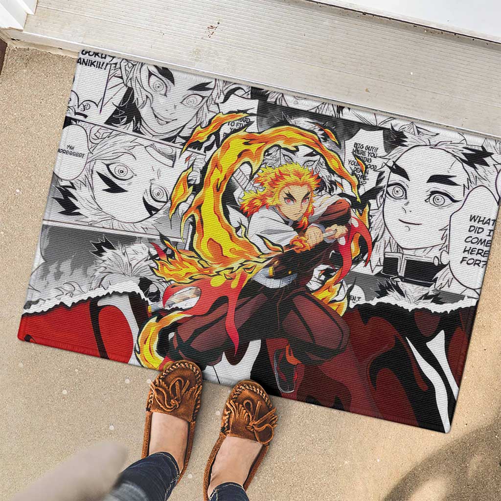 Kyojuro Rengoku Demon Slayer Flame Hashira Design Rubber Doormat with Manga Panels and Fiery Sword Artwork - The Mazicc