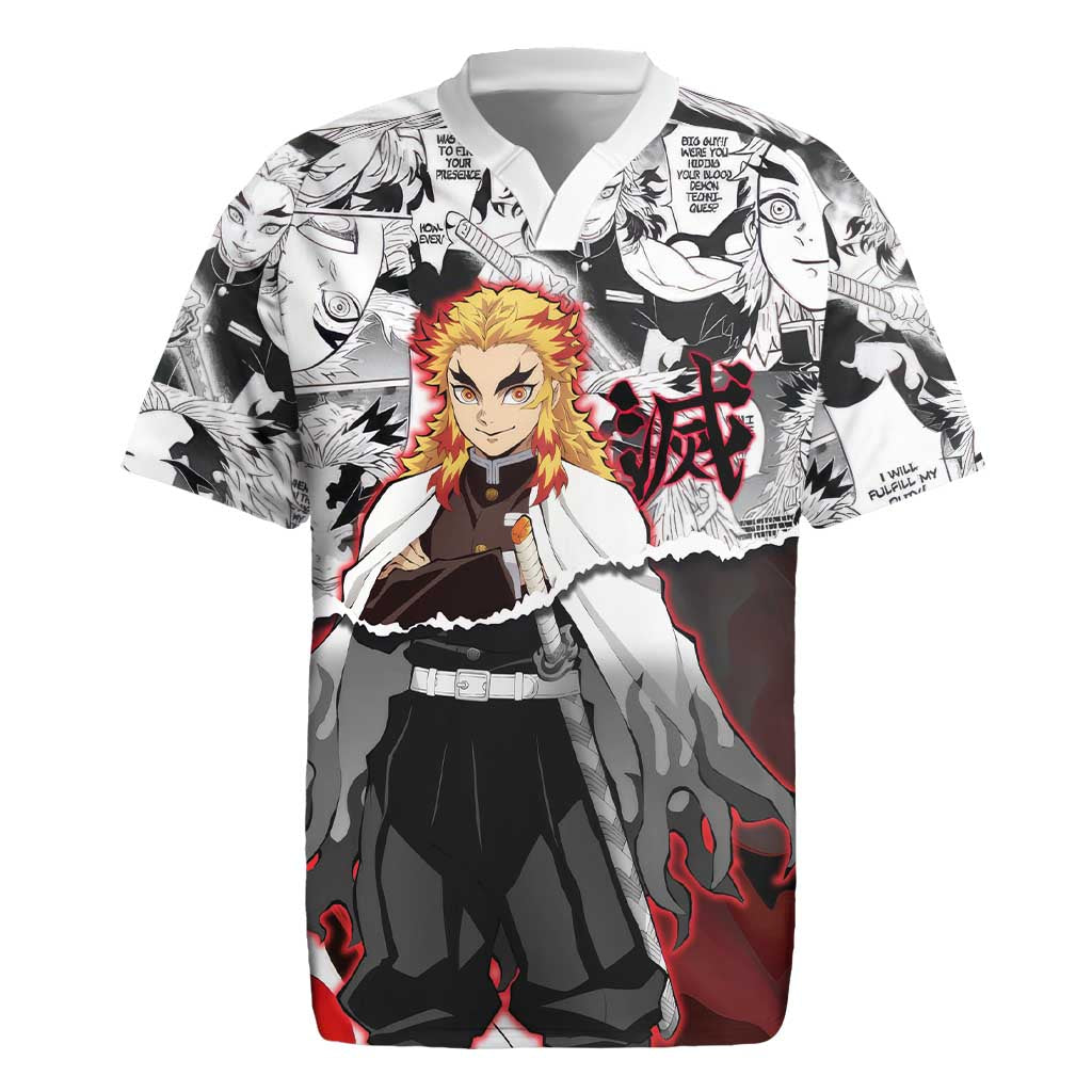 Kyojuro Rengoku Demon Slayer Flame Hashira Design Rugby Jersey with Manga Panels and Fiery Sword Artwork - The Mazicc