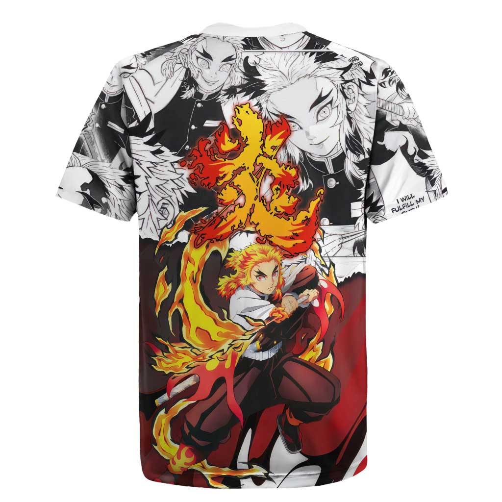 Kyojuro Rengoku Demon Slayer Flame Hashira Design Rugby Jersey with Manga Panels and Fiery Sword Artwork - The Mazicc
